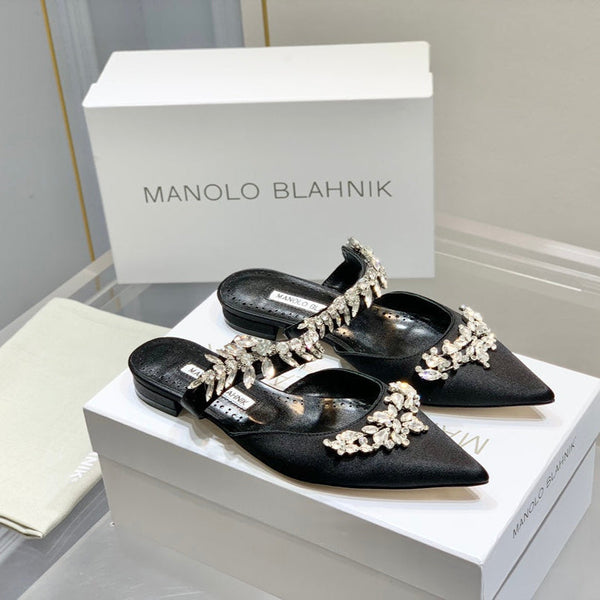 Manolo Flats Mules Crystal Black Silk Satin 327467
