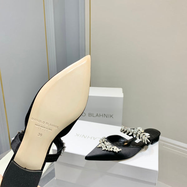 Manolo Flats Mules Crystal Black Silk Satin 327467