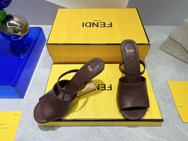 FENDI FIRST 95 MM HIGH-HEELED SANDAL IN CHOCOLATE BROWN LAMBSKIN GOLD HARDWARE