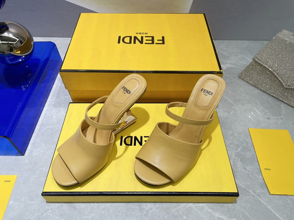 FENDI FIRST 95 MM HIGH-HEELED SANDAL IN MUSTARD YELLOW LAMBSKIN GOLD HARDWARE