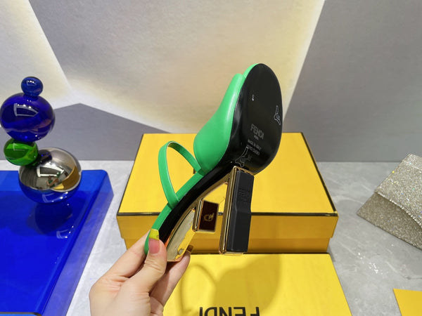 FENDI FIRST 95 MM HIGH-HEELED SANDAL IN EMERAKD GREEN LAMBSKIN GOLD HARDWARE