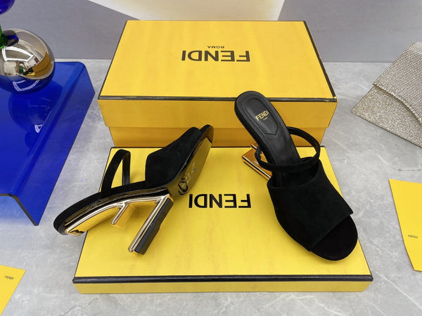 FENDI FIRST 95 MM HIGH-HEELED SANDAL IN BLACK SUEDE GOLD HARDWARE