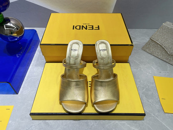 FENDI FIRST 95 MM HIGH-HEELED SANDAL IN GOLDEN LAMBSKIN GOLD HARDWARE