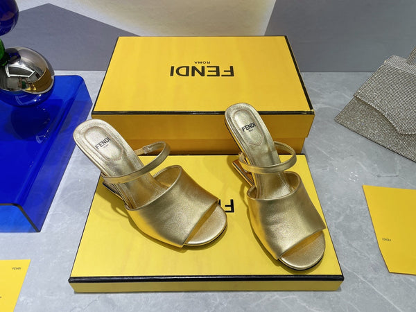 FENDI FIRST 95 MM HIGH-HEELED SANDAL IN GOLDEN LAMBSKIN GOLD HARDWARE
