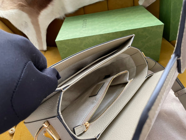 GG HORSEBIT 1955 SADDLE BAG 25 IN WHITE CANVAS AND BEIGE CALFSKIN