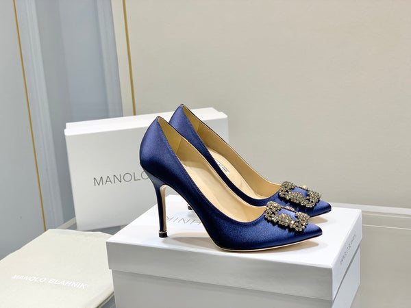 Manolo Diamond Buckle Pumps 10cm Navy Blue Silk 327497