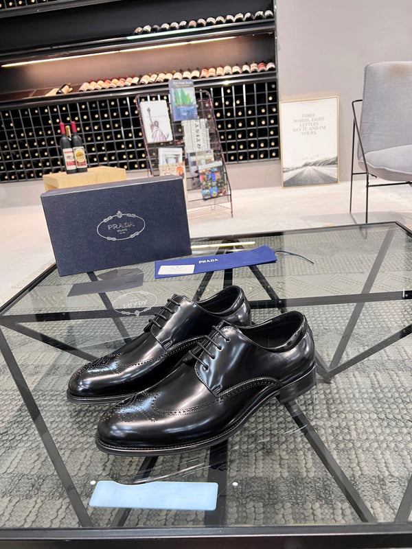 PRA BRUSHED BLACK LEATHER DERBY BROGUE SHOES