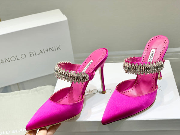 Manolo Mules Diamond Buckle Dark Pink Silk Satin 327475