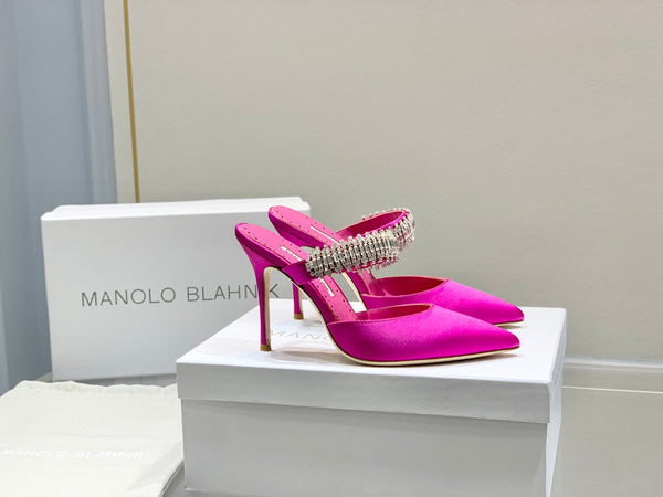 Manolo Mules Diamond Buckle Dark Pink Silk Satin 327475