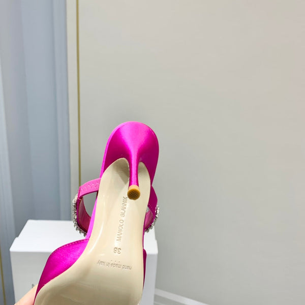 Manolo Mules Diamond Buckle Dark Pink Silk Satin 327475