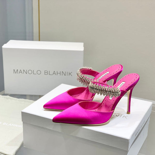 Manolo Mules Diamond Buckle Dark Pink Silk Satin 327475