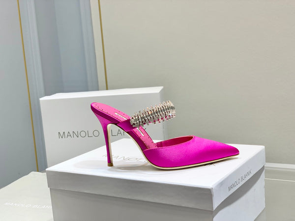 Manolo Mules Diamond Buckle Dark Pink Silk Satin 327475
