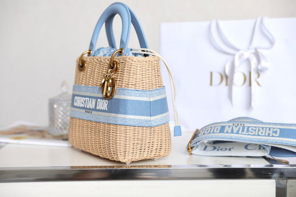 LADY 24 BASKET BAG IN BLUE OBLIQUE JACQUARD MIX BEIGE WICKER