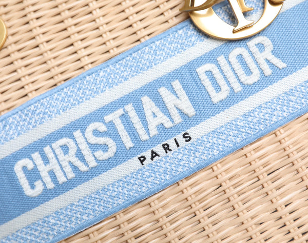 LADY 24 BASKET BAG IN BLUE OBLIQUE JACQUARD MIX BEIGE WICKER