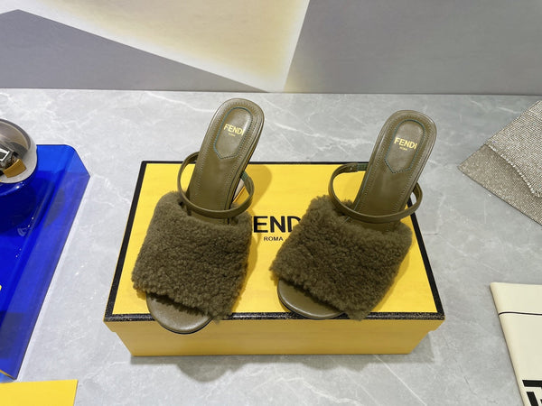 FENDI FIRST HIGH HEEL 95 MM SANDAL IN OLIVE GREEN MINK FUR