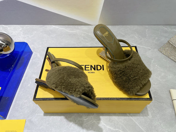 FENDI FIRST HIGH HEEL 95 MM SANDAL IN OLIVE GREEN MINK FUR