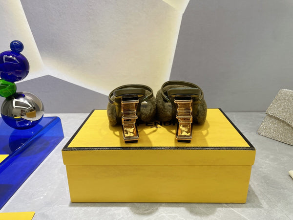 FENDI FIRST HIGH HEEL 95 MM SANDAL IN OLIVE GREEN MINK FUR