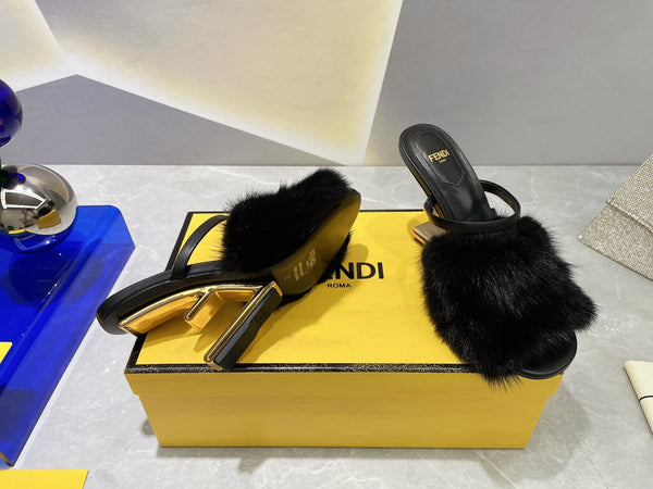 FENDI FIRST HIGH HEEL 95 MM SANDAL IN BLACK MINK FUR