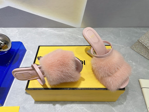 FENDI FIRST HIGH HEEL 95 MM SANDAL IN LIGHT PINK MINK FUR