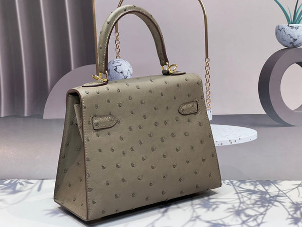 KELLY BAG 20 IN KHAKI BEIGE OSTRICH LEATHER WITH GOLD HARDWARE (MADE - TO - ODER)