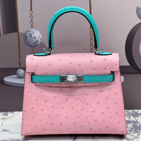 KELLY BAG 20 IN FLAMINGO PINK MIX CYAN BLUE OSTRICH LEATHER WITH SILVER HARDWARE (MADE - TO - ODER)