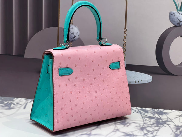 KELLY BAG 20 IN FLAMINGO PINK MIX CYAN BLUE OSTRICH LEATHER WITH SILVER HARDWARE (MADE - TO - ODER)