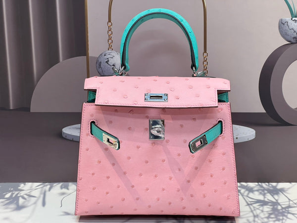 KELLY BAG 20 IN FLAMINGO PINK MIX CYAN BLUE OSTRICH LEATHER WITH SILVER HARDWARE (MADE - TO - ODER)