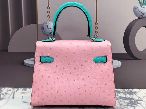 KELLY BAG 20 IN FLAMINGO PINK MIX CYAN BLUE OSTRICH LEATHER WITH SILVER HARDWARE (MADE - TO - ODER)