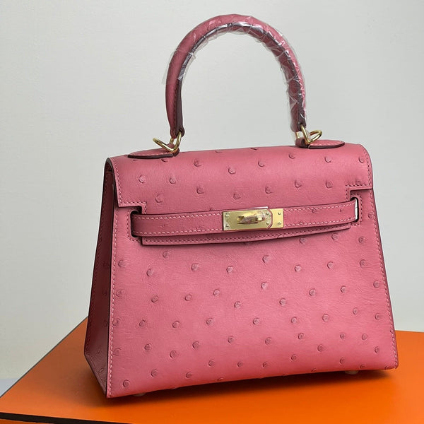 KELLY BAG 20 IN ROUGE PINK OSTRICH LEATHER WITH GOLD HARDWARE (MADE - TO - ODER)