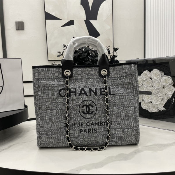 CC Deauville Tweed Bag Black Leather Silver Hardware 8