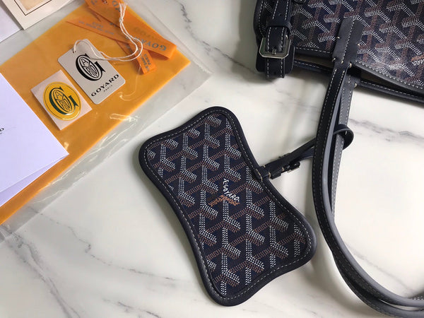 CHIEN GRIS BAG 33 IN NAVY BLUE GOYARDINE CANVAS AND TAN CALFSKIN TRIM