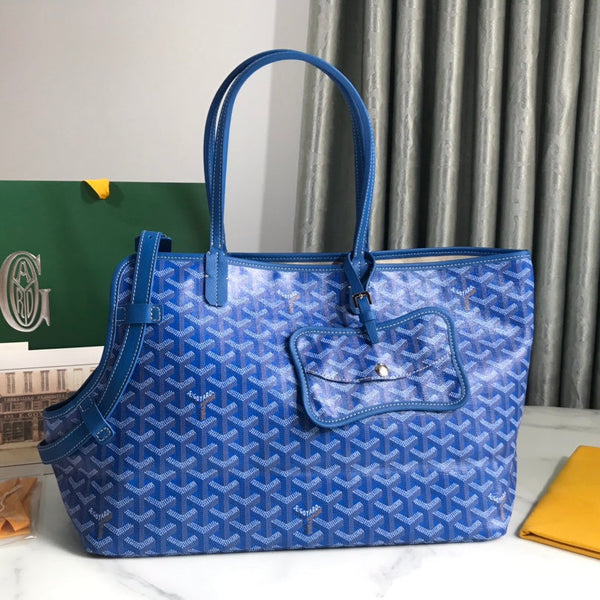 CHIEN GRIS BAG 33 IN SAPPHIRE BLUE GOYARDINE CANVAS AND TAN CALFSKIN TRIM