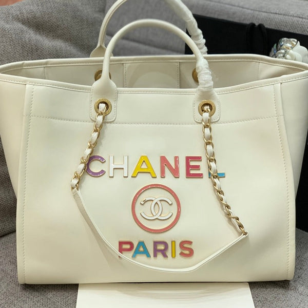CC DEAUVILLE TOTE BAG 39CM WHITE CALFSKIN MULTICOLOR LOGO