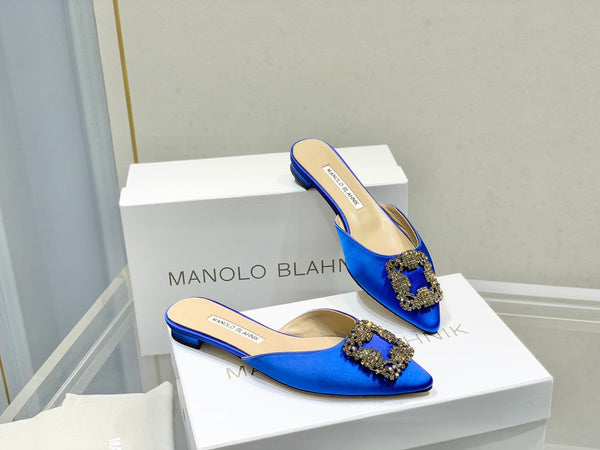 Manolo Buckle Flast Mules Navy Blue Silk 327512