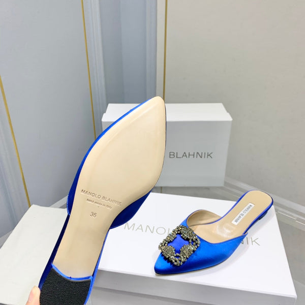Manolo Buckle Flast Mules Navy Blue Silk 327512