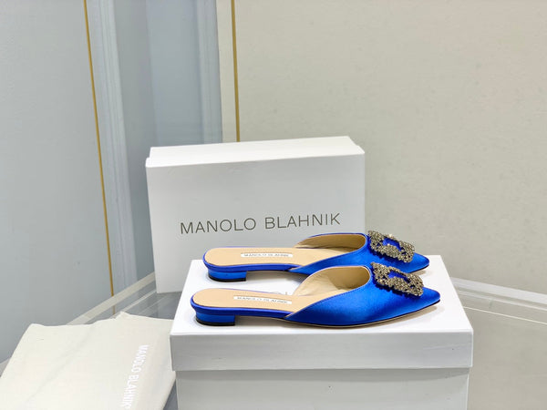 Manolo Buckle Flast Mules Navy Blue Silk 327512