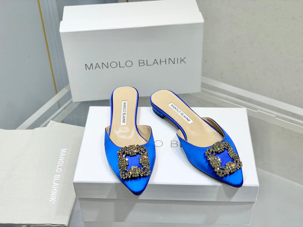 Manolo Buckle Flast Mules Navy Blue Silk 327512