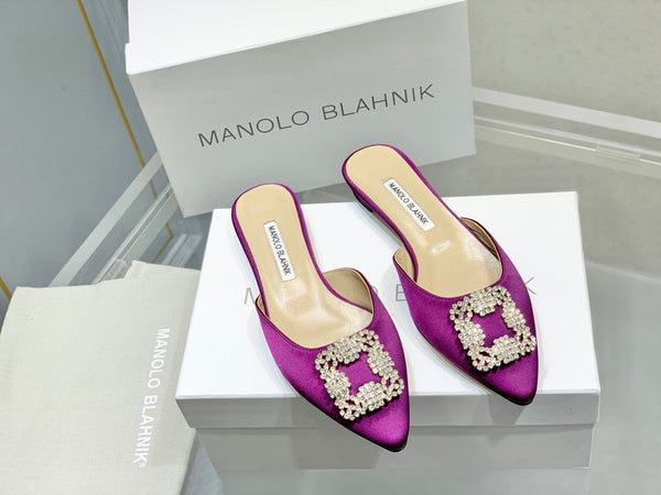 Manolo Buckle Flast Mules Purple Silk 327513