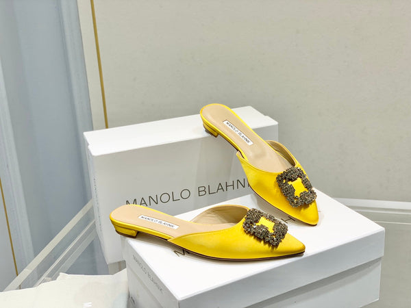 Manolo Buckle Flast Mules Yellow Silk 327516