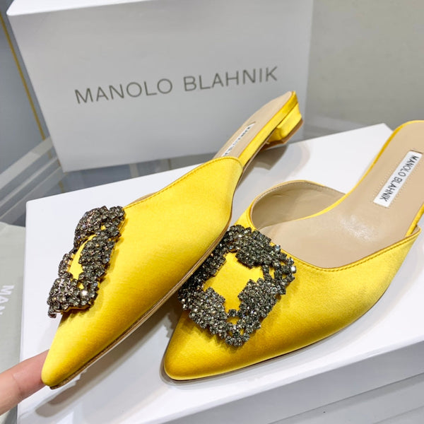 Manolo Buckle Flast Mules Yellow Silk 327516