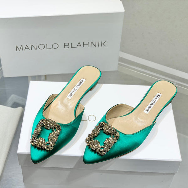 Manolo Buckle Flast Mules Green Silk 327517