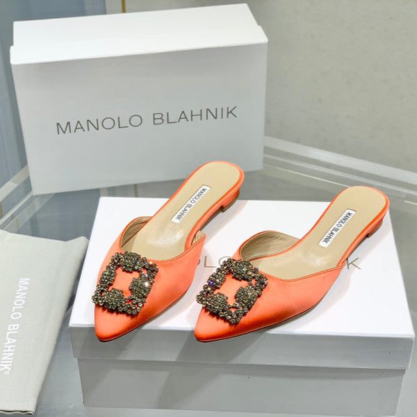 Manolo Buckle Flast Mules Orange Silk 327520