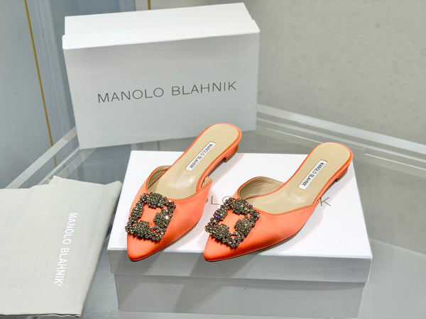Manolo Buckle Flast Mules Orange Silk 327520