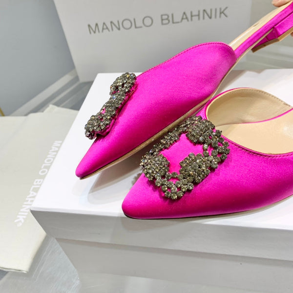 Manolo Buckle Flast Mules Dark Pink Silk 327521