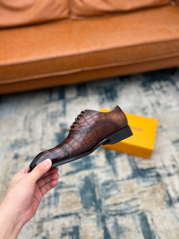 LV LACE-UP SHOES IN BROWN CROCODILE CALFSKIN