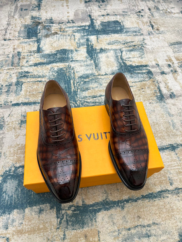LV LACE-UP SHOES IN BROWN CROCODILE CALFSKIN