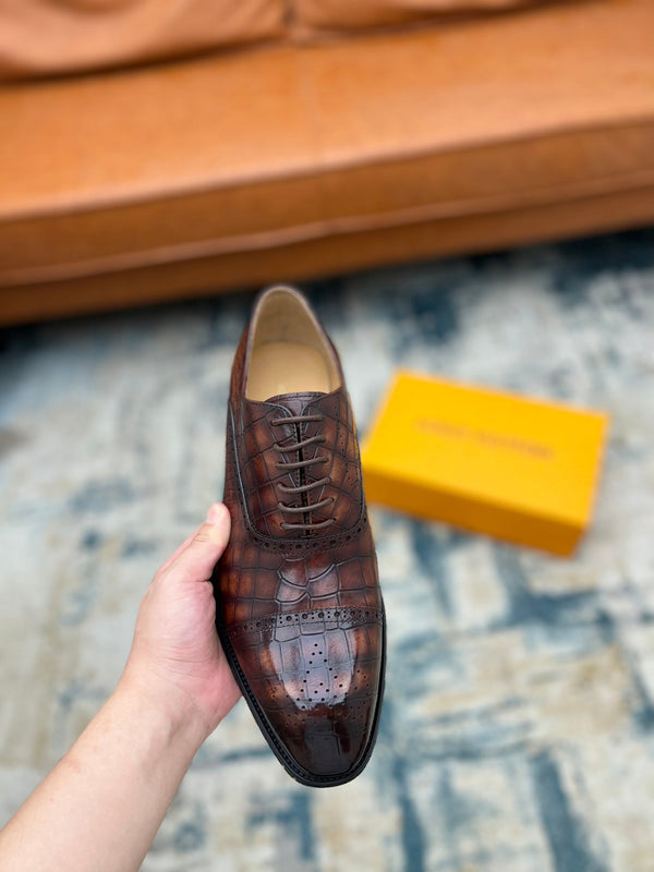 LV LACE-UP SHOES IN BROWN CROCODILE CALFSKIN