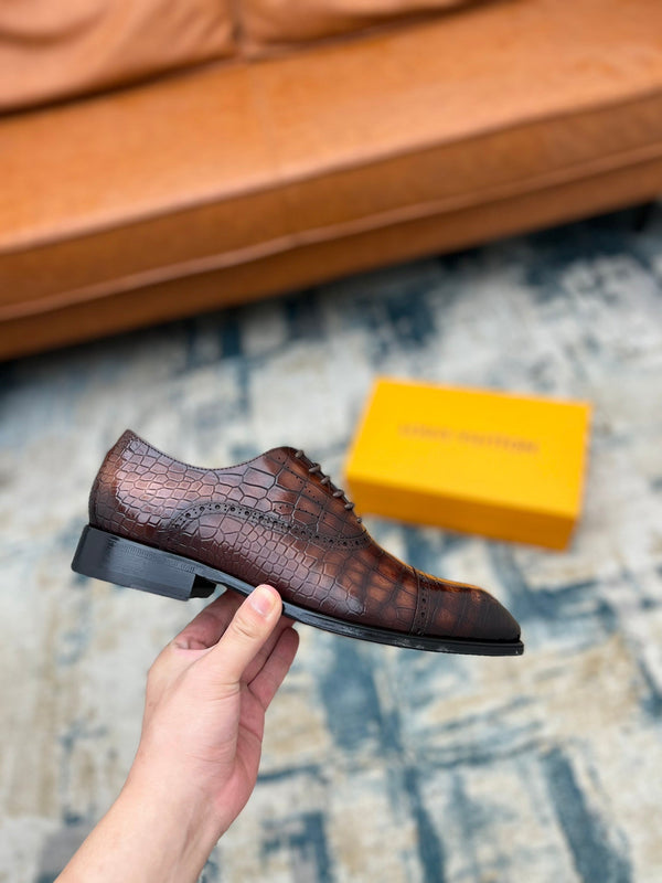 LV LACE-UP SHOES IN BROWN CROCODILE CALFSKIN