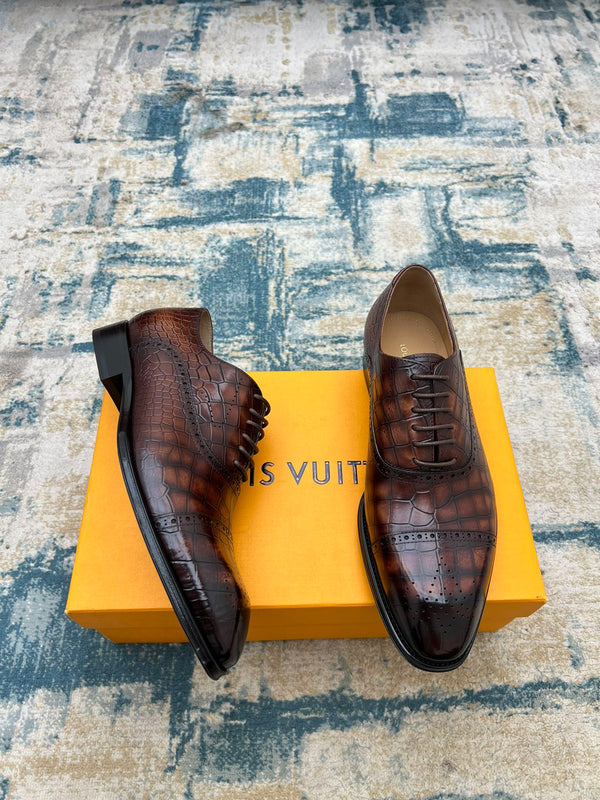LV LACE-UP SHOES IN BROWN CROCODILE CALFSKIN