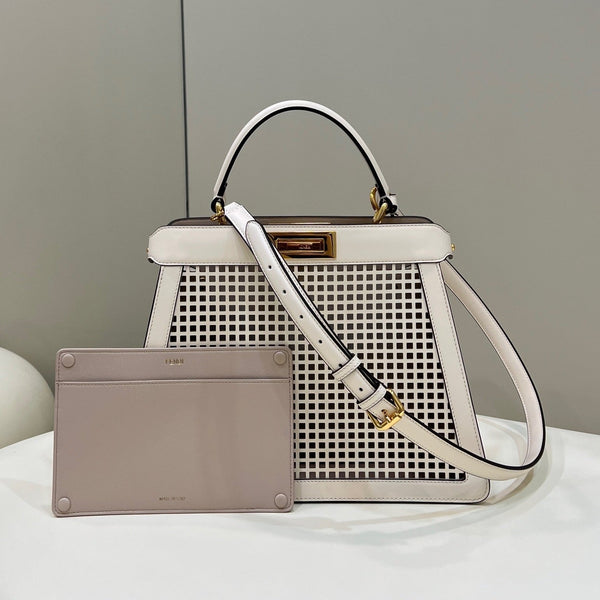 PEEKABOO ISEEU 34 IN WHITE PERFORATED CALFSKIN GOLD HARDWARE